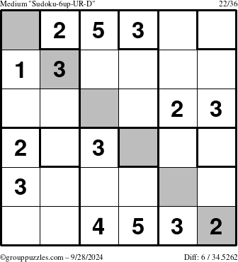 The grouppuzzles.com Medium Sudoku-6up-UR-D puzzle for Saturday September 28, 2024