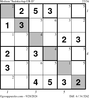 The grouppuzzles.com Medium Sudoku-6up-UR-D puzzle for Saturday September 28, 2024 with all 6 steps marked