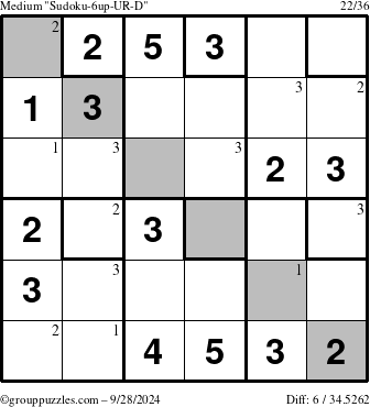 The grouppuzzles.com Medium Sudoku-6up-UR-D puzzle for Saturday September 28, 2024 with the first 3 steps marked