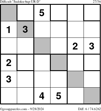 The grouppuzzles.com Difficult Sudoku-6up-UR-D puzzle for Saturday September 28, 2024