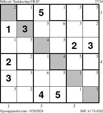 The grouppuzzles.com Difficult Sudoku-6up-UR-D puzzle for Saturday September 28, 2024 with all 6 steps marked