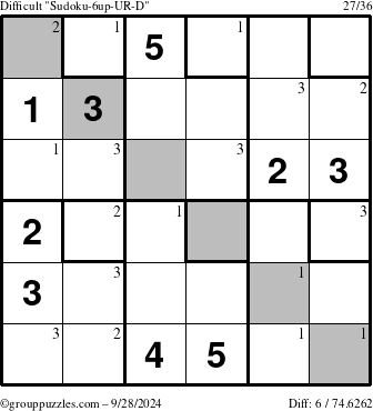 The grouppuzzles.com Difficult Sudoku-6up-UR-D puzzle for Saturday September 28, 2024 with the first 3 steps marked