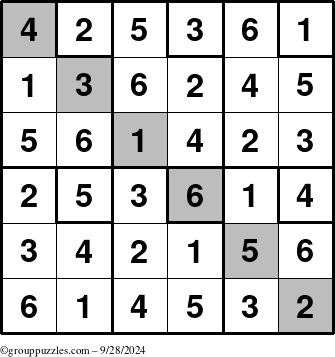 The grouppuzzles.com Answer grid for the Sudoku-6up-UR-D puzzle for Saturday September 28, 2024