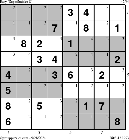 The grouppuzzles.com Easy SuperSudoku-8 puzzle for Saturday September 28, 2024 with all 4 steps marked