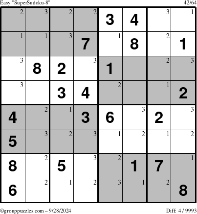 The grouppuzzles.com Easy SuperSudoku-8 puzzle for Saturday September 28, 2024 with the first 3 steps marked