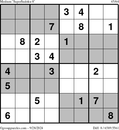 The grouppuzzles.com Medium SuperSudoku-8 puzzle for Saturday September 28, 2024