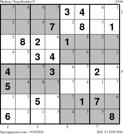 The grouppuzzles.com Medium SuperSudoku-8 puzzle for Saturday September 28, 2024 with all 8 steps marked