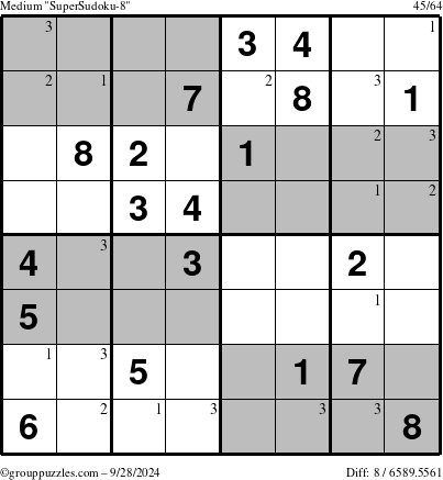 The grouppuzzles.com Medium SuperSudoku-8 puzzle for Saturday September 28, 2024 with the first 3 steps marked