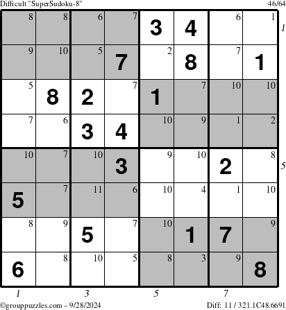 The grouppuzzles.com Difficult SuperSudoku-8 puzzle for Saturday September 28, 2024, suitable for printing, with all 11 steps marked