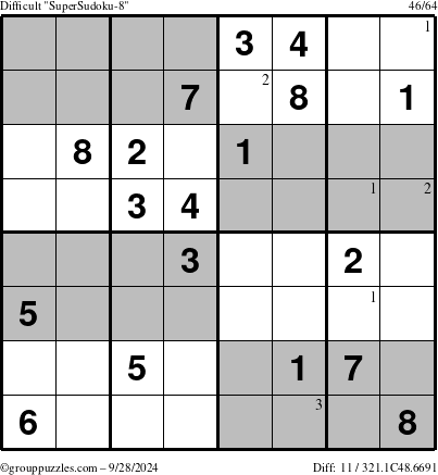 The grouppuzzles.com Difficult SuperSudoku-8 puzzle for Saturday September 28, 2024 with the first 3 steps marked