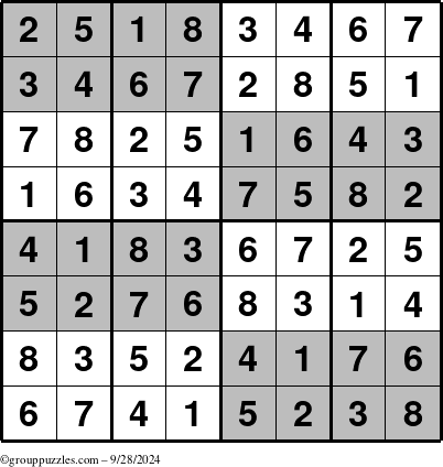 The grouppuzzles.com Answer grid for the SuperSudoku-8 puzzle for Saturday September 28, 2024