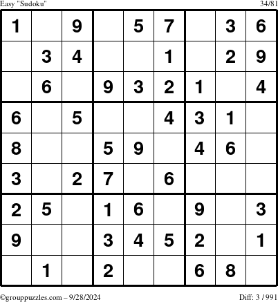 The grouppuzzles.com Easy Sudoku puzzle for Saturday September 28, 2024