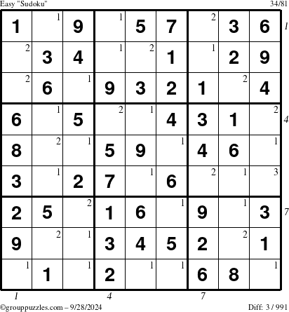 The grouppuzzles.com Easy Sudoku puzzle for Saturday September 28, 2024 with all 3 steps marked