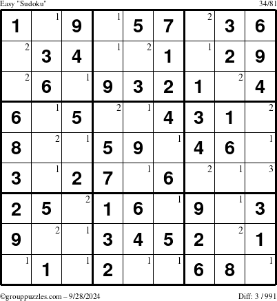 The grouppuzzles.com Easy Sudoku puzzle for Saturday September 28, 2024 with the first 3 steps marked