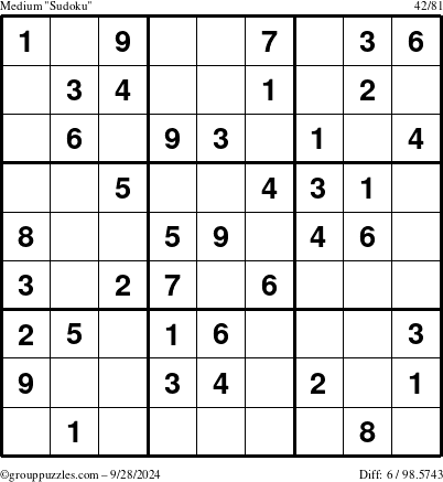 The grouppuzzles.com Medium Sudoku puzzle for Saturday September 28, 2024