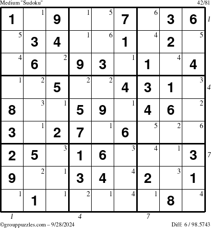 The grouppuzzles.com Medium Sudoku puzzle for Saturday September 28, 2024 with all 6 steps marked