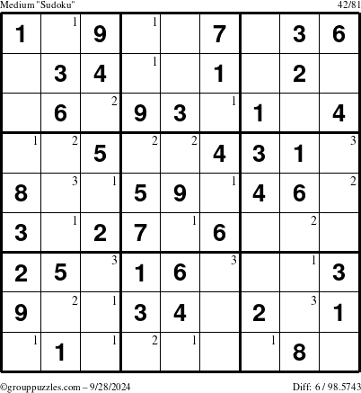 The grouppuzzles.com Medium Sudoku puzzle for Saturday September 28, 2024 with the first 3 steps marked