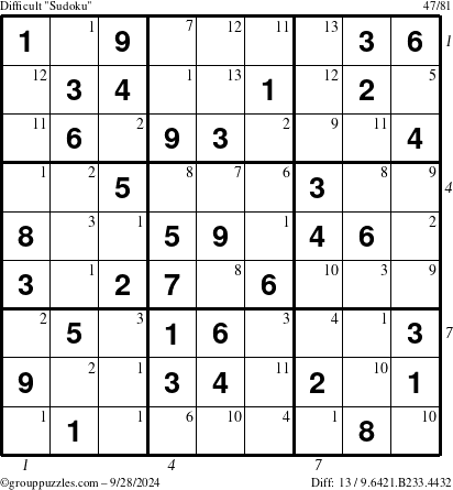 The grouppuzzles.com Difficult Sudoku puzzle for Saturday September 28, 2024 with all 13 steps marked