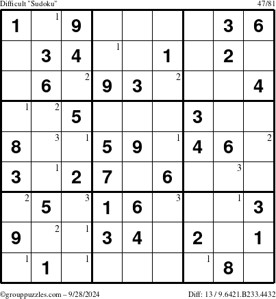 The grouppuzzles.com Difficult Sudoku puzzle for Saturday September 28, 2024 with the first 3 steps marked