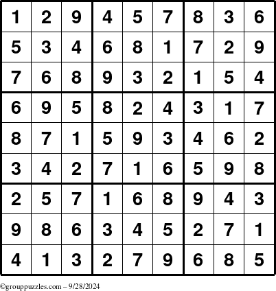 The grouppuzzles.com Answer grid for the Sudoku puzzle for Saturday September 28, 2024