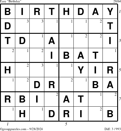 The grouppuzzles.com Easy Birthday puzzle for Saturday September 28, 2024 with all 3 steps marked