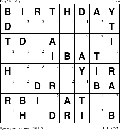 The grouppuzzles.com Easy Birthday puzzle for Saturday September 28, 2024 with the first 3 steps marked