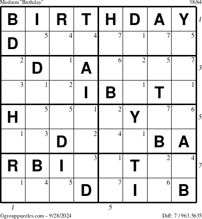 The grouppuzzles.com Medium Birthday puzzle for Saturday September 28, 2024 with all 7 steps marked