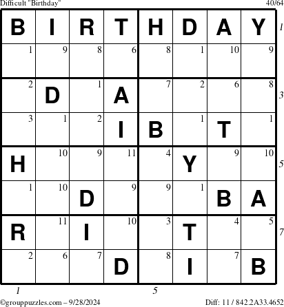 The grouppuzzles.com Difficult Birthday puzzle for Saturday September 28, 2024 with all 11 steps marked