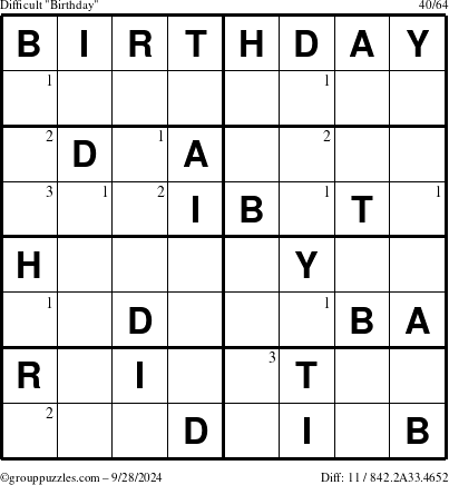 The grouppuzzles.com Difficult Birthday puzzle for Saturday September 28, 2024 with the first 3 steps marked