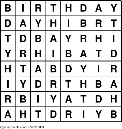 The grouppuzzles.com Answer grid for the Birthday puzzle for Saturday September 28, 2024