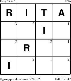 The grouppuzzles.com Easy Rita puzzle for Sunday March 2, 2025 with the first 3 steps marked