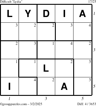 The grouppuzzles.com Difficult Lydia puzzle for Sunday March 2, 2025, suitable for printing, with all 4 steps marked