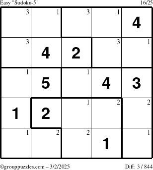 The grouppuzzles.com Easy Sudoku-5 puzzle for Sunday March 2, 2025 with the first 3 steps marked