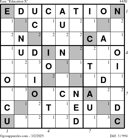 The grouppuzzles.com Easy Education-X puzzle for Sunday March 2, 2025, suitable for printing, with all 3 steps marked