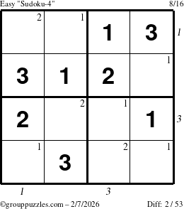 The grouppuzzles.com Easy Sudoku-4 puzzle for Saturday February 7, 2026, suitable for printing, with all 2 steps marked