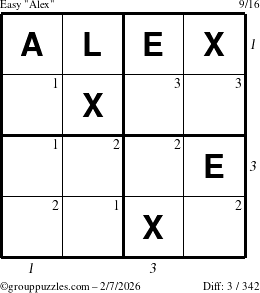 The grouppuzzles.com Easy Alex puzzle for Saturday February 7, 2026, suitable for printing, with all 3 steps marked