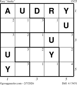 The grouppuzzles.com Easy Audry puzzle for Saturday February 7, 2026, suitable for printing, with all 4 steps marked