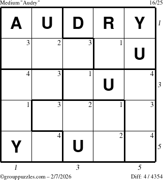 The grouppuzzles.com Medium Audry puzzle for Saturday February 7, 2026 with all 4 steps marked