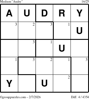 The grouppuzzles.com Medium Audry puzzle for Saturday February 7, 2026 with the first 3 steps marked