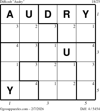The grouppuzzles.com Difficult Audry puzzle for Saturday February 7, 2026, suitable for printing, with all 4 steps marked