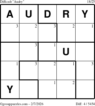 The grouppuzzles.com Difficult Audry puzzle for Saturday February 7, 2026 with the first 3 steps marked