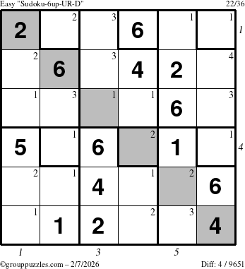 The grouppuzzles.com Easy Sudoku-6up-UR-D puzzle for Saturday February 7, 2026, suitable for printing, with all 4 steps marked