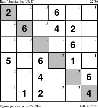 The grouppuzzles.com Easy Sudoku-6up-UR-D puzzle for Saturday February 7, 2026 with the first 3 steps marked