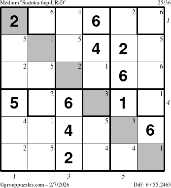 The grouppuzzles.com Medium Sudoku-6up-UR-D puzzle for Saturday February 7, 2026, suitable for printing, with all 6 steps marked
