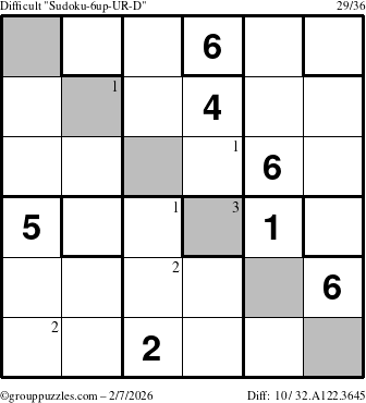 The grouppuzzles.com Difficult Sudoku-6up-UR-D puzzle for Saturday February 7, 2026 with the first 3 steps marked