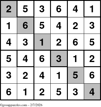 The grouppuzzles.com Answer grid for the Sudoku-6up-UR-D puzzle for Saturday February 7, 2026