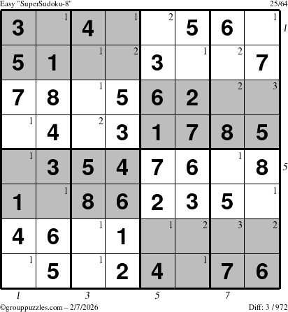 The grouppuzzles.com Easy SuperSudoku-8 puzzle for Saturday February 7, 2026, suitable for printing, with all 3 steps marked