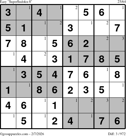 The grouppuzzles.com Easy SuperSudoku-8 puzzle for Saturday February 7, 2026 with the first 3 steps marked
