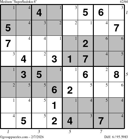 The grouppuzzles.com Medium SuperSudoku-8 puzzle for Saturday February 7, 2026 with all 6 steps marked