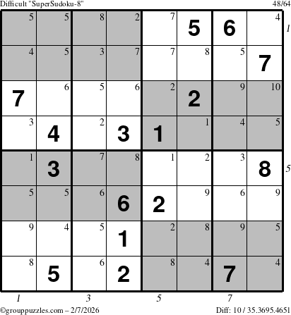 The grouppuzzles.com Difficult SuperSudoku-8 puzzle for Saturday February 7, 2026 with all 10 steps marked